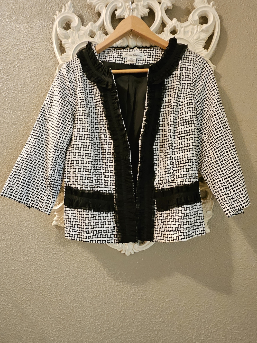 Marisa Christina Black & White Tweed Ruffle-Trim Jacket